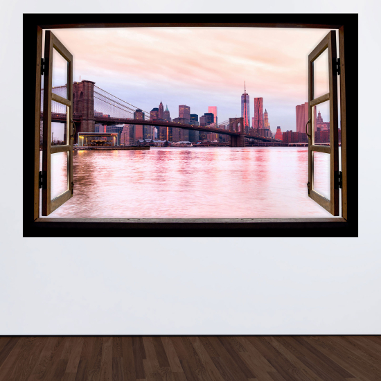 Optical Illusions Wood Window Wall Sticker - New York Bridge