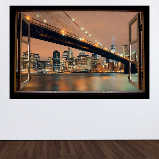 Optical Illusions Wood Window Wall Sticker - New York Bridge