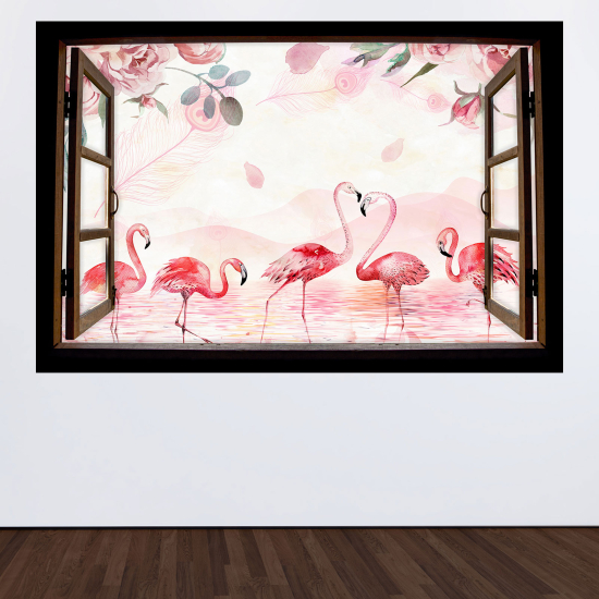 Optical Illusions Wood Window Wall Sticker - Pink flamingos