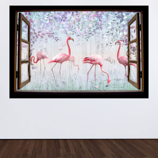 Optical Illusions Wood Window Wall Sticker - Pink flamingos