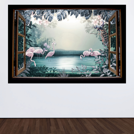 Optical Illusions Wood Window Wall Sticker - Pink flamingos