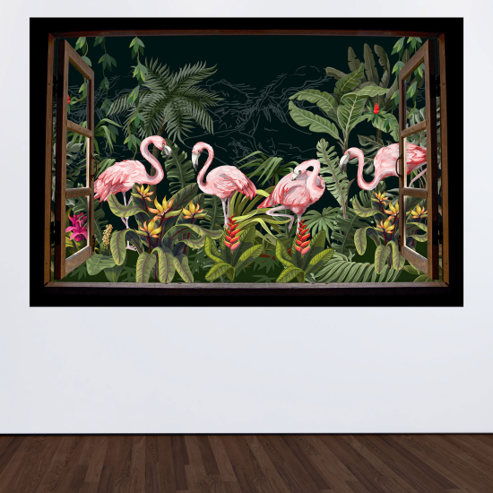 Optical Illusions Wood Window Wall Sticker - Pink flamingos