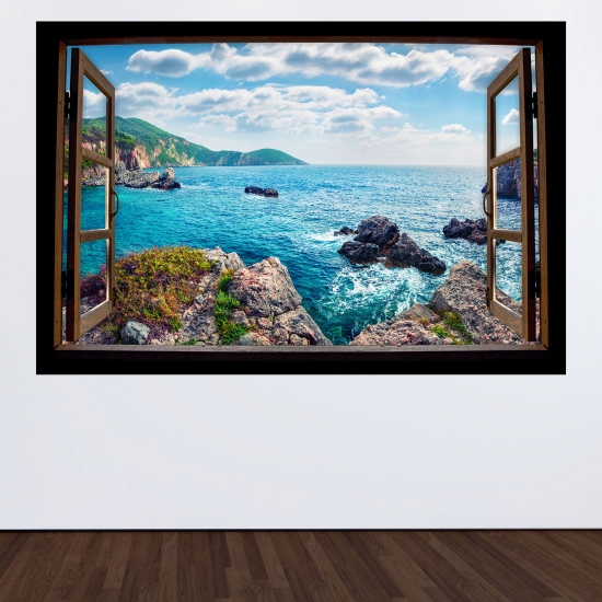 Optical Illusions Wood Window Wall Sticker - Sea view