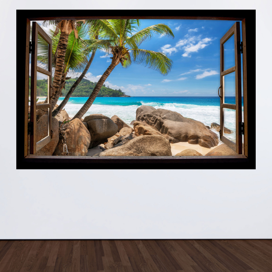 Optical Illusions Wood Window Wall Sticker - Sea view palm trees