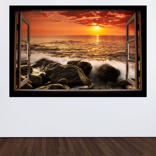 Optical Illusions Wood Window Wall Sticker - Sea view sunset