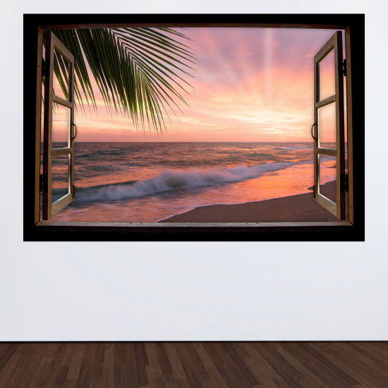 Optical Illusions Wood Window Wall Sticker - Sunset Beach