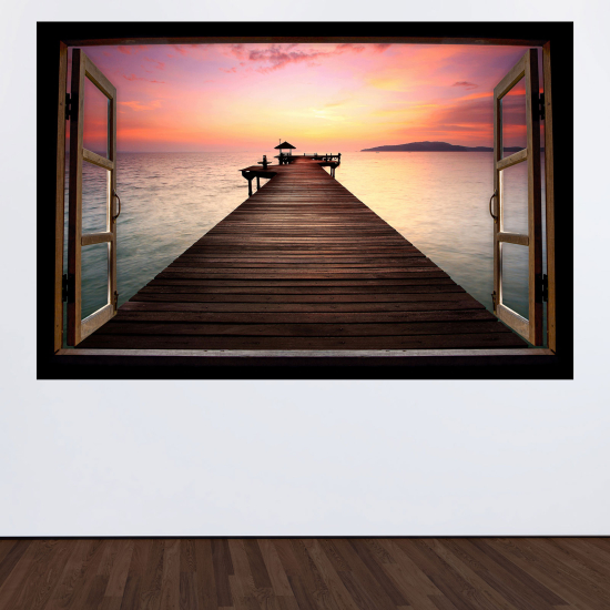 Optical Illusions Wood Window Wall Sticker - Sunset pontoon