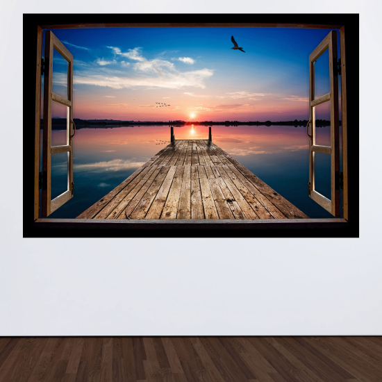 Optical Illusions Wood Window Wall Sticker - Sunset pontoon