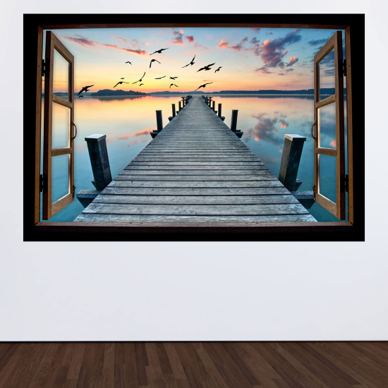 Optical Illusions Wood Window Wall Sticker - Sunset pontoon