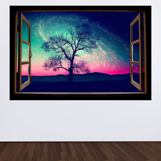 Optical Illusions Wood Window Wall Sticker - Tree and Sky