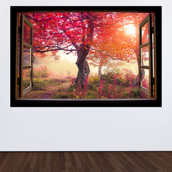 Optical Illusions Wood Window Wall Sticker - Trees with pink leaves