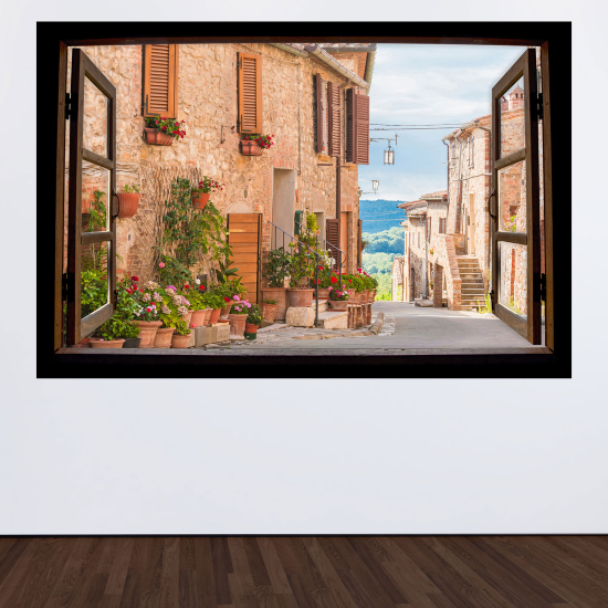 Optical Illusions Wood Window Wall Sticker - Village alley