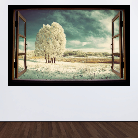 Optical Illusions Wood Window Wall Sticker - Winter Landscape