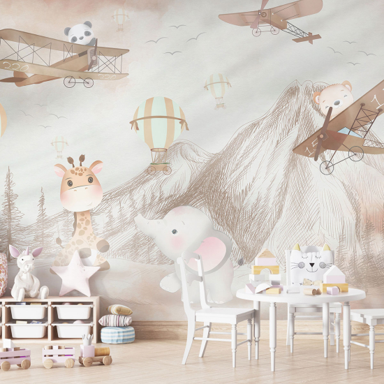 Panoramic Wallpaper - Kid Wall Mural - Airplanes Animals