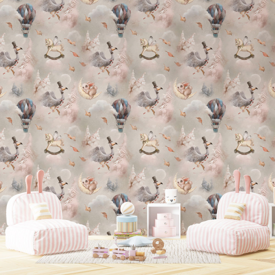 Panoramic Wallpaper - Kid Wall Mural - Animal Hot Air Balloon Pattern