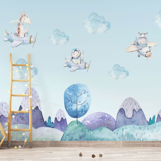 Panoramic Wallpaper - Kid Wall Mural - Aviator Animals