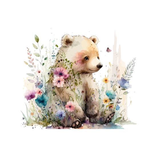 Panoramic Wallpaper - Kid Wall Mural - Bear Flowers