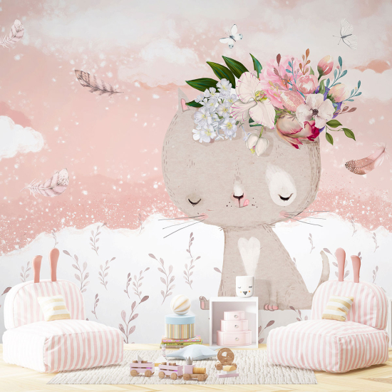 Panoramic Wallpaper - Kid Wall Mural - Cat Flowers