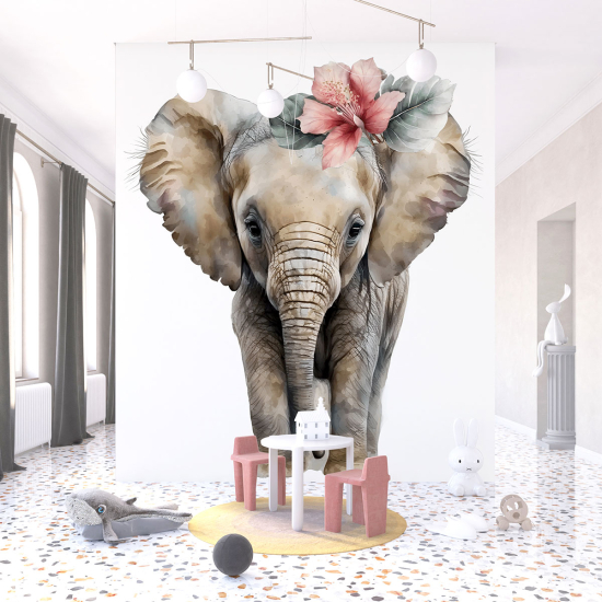 Panoramic Wallpaper - Kid Wall Mural - Elephant Flowers