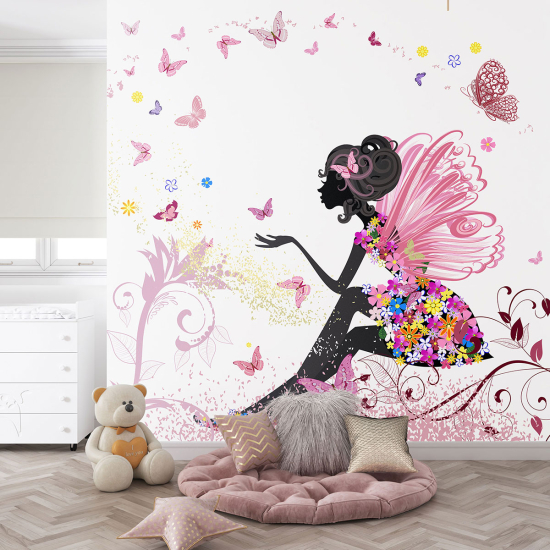 Panoramic Wallpaper - Kid Wall Mural - Fairy Flowers Butterflies