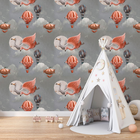 Panoramic Wallpaper - Kid Wall Mural - Flamingo Hot Air Balloon Pattern