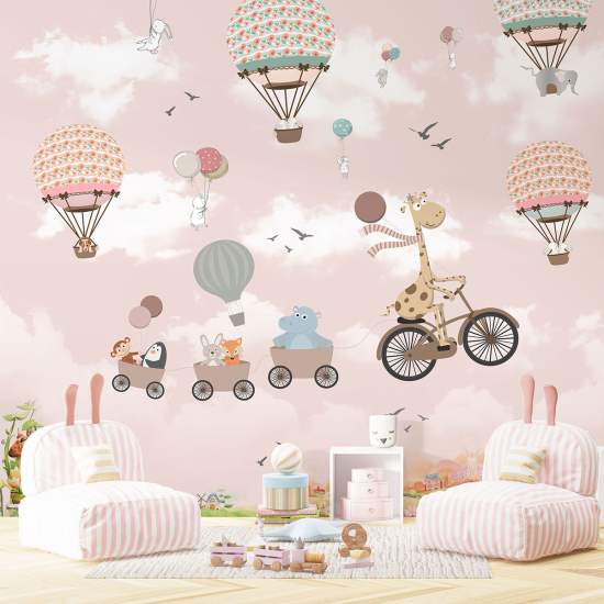 Panoramic Wallpaper - Kid Wall Mural - Hot Air Balloon Animals