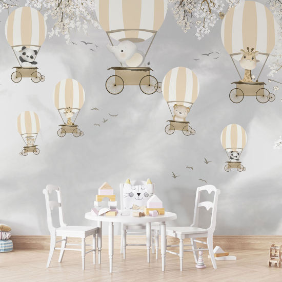 Panoramic Wallpaper - Kid Wall Mural - Hot Air Balloon Animals