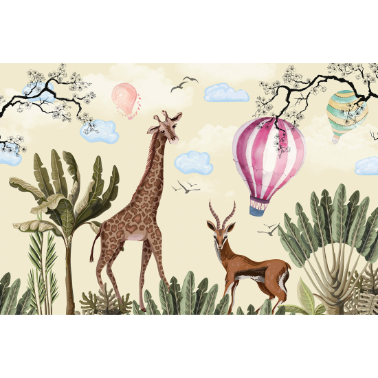 Panoramic Wallpaper - Kid Wall Mural - Hot Air Balloon Animals