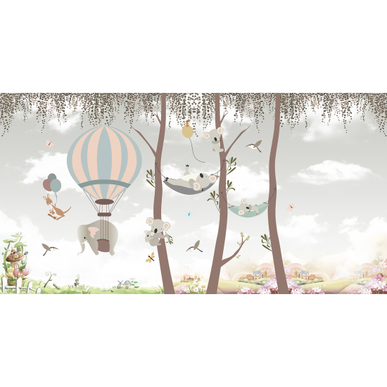 Panoramic Wallpaper - Kid Wall Mural - Hot Air Balloon Animals