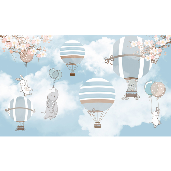 Panoramic Wallpaper - Kid Wall Mural - Hot Air Balloon Animals