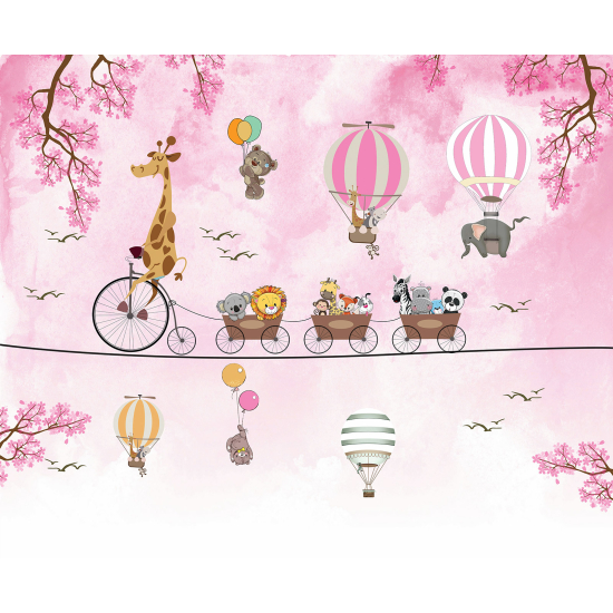 Panoramic Wallpaper - Kid Wall Mural - Hot Air Balloon Animals