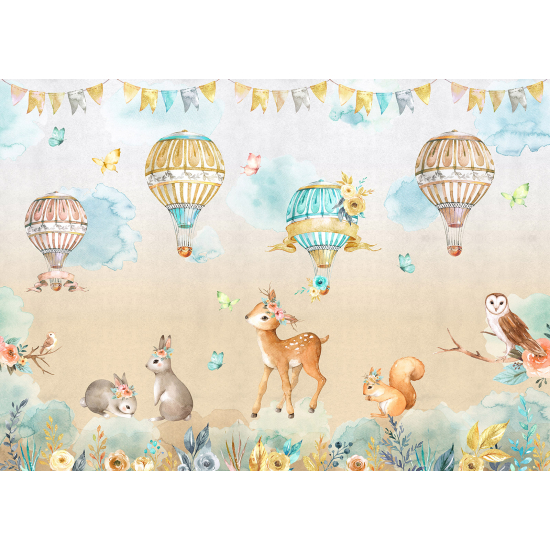 Panoramic Wallpaper - Kid Wall Mural - Hot Air Balloon Animals