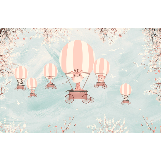 Panoramic Wallpaper - Kid Wall Mural - Hot Air Balloon Animals