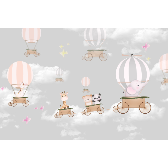 Panoramic Wallpaper - Kid Wall Mural - Hot Air Balloon Animals