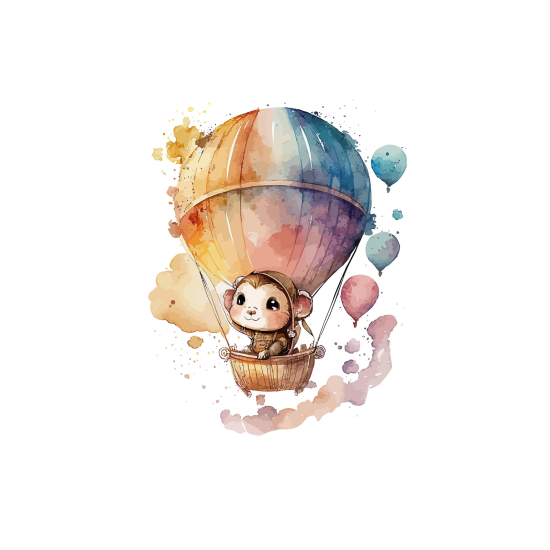 Panoramic Wallpaper - Kid Wall Mural - Hot Air Balloon Monkey