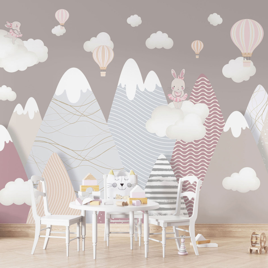 Panoramic Wallpaper - Kid Wall Mural - Hot Air Balloon Rabbits