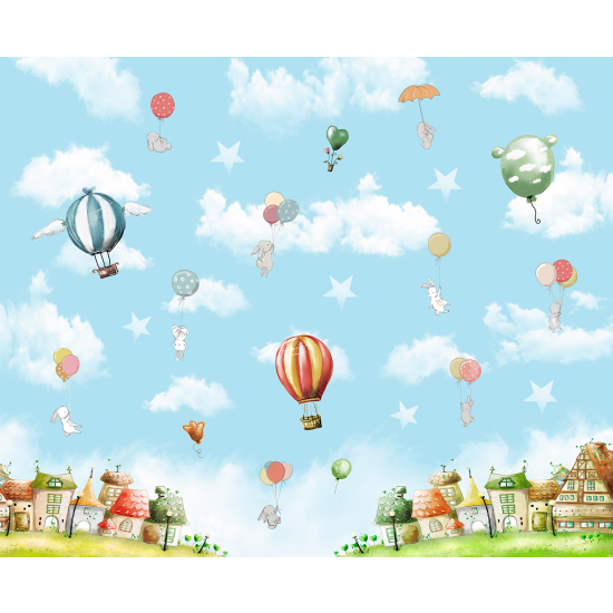 Panoramic Wallpaper - Kid Wall Mural - Hot Air Balloon Village