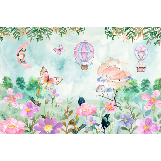 Panoramic Wallpaper - Kid Wall Mural - Hot Air Balloons Butterflies