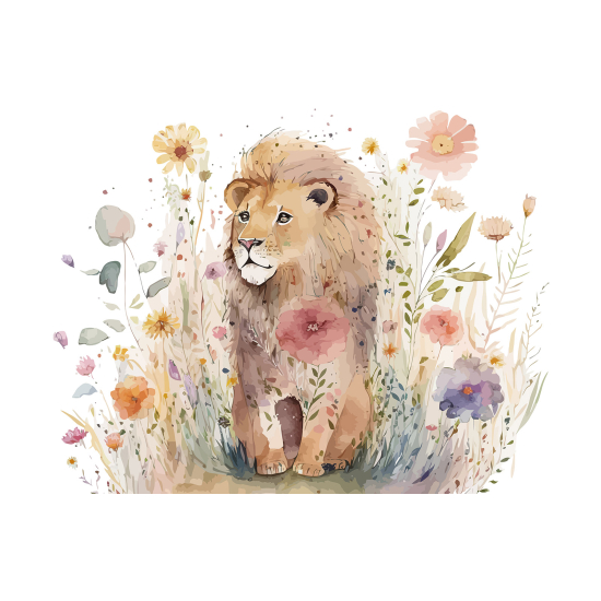 Panoramic Wallpaper - Kid Wall Mural - Lion Flowers