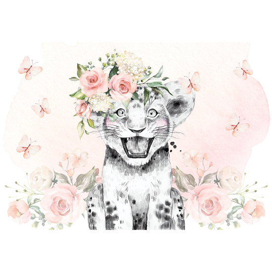 Panoramic Wallpaper - Kid Wall Mural - Lion Flowers