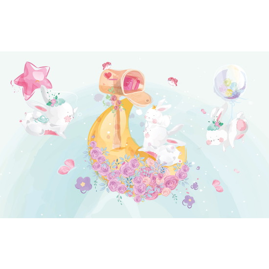 Panoramic Wallpaper - Kid Wall Mural - Moon Rabbits