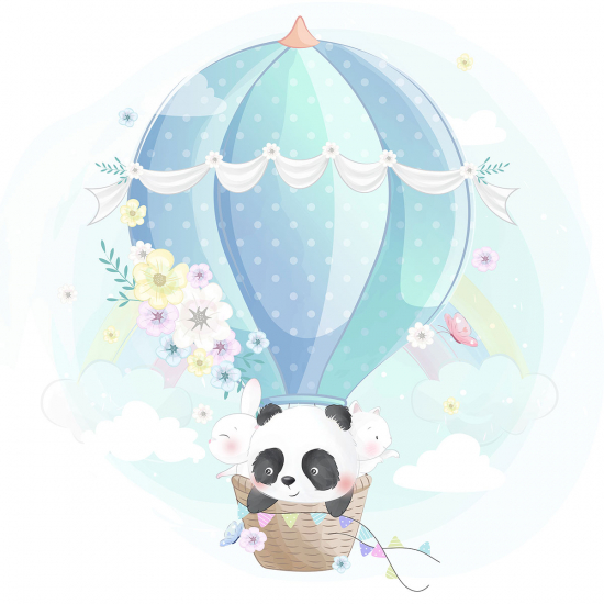 Panoramic Wallpaper - Kid Wall Mural - Panda Hot Air Balloon