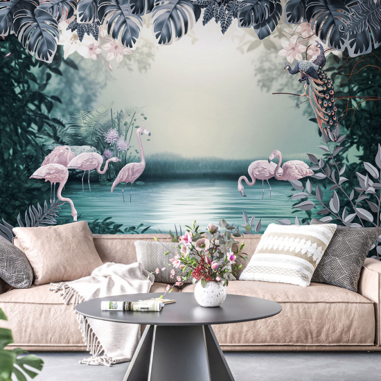 Panoramic Wallpaper - Kid Wall Mural - Pink Flamingo Flowers