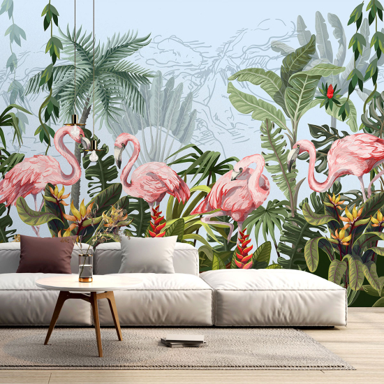 Panoramic Wallpaper - Kid Wall Mural - Pink flamingos