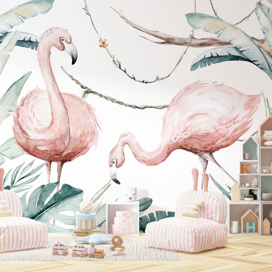 Panoramic Wallpaper - Kid Wall Mural - Pink flamingos