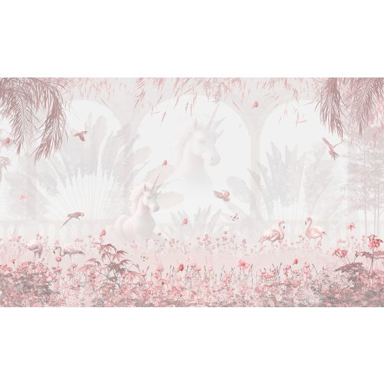 Panoramic Wallpaper - Kid Wall Mural - Pink Flamingos Unicorns