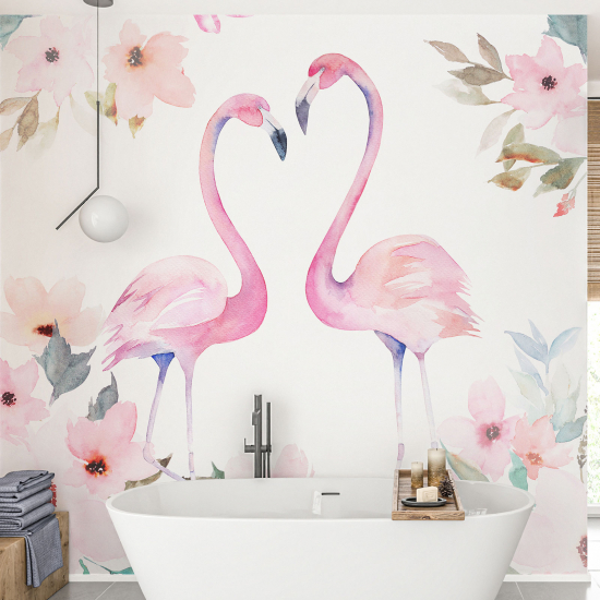 Panoramic Wallpaper - Kid Wall Mural - Pink Flamingos Watercolor