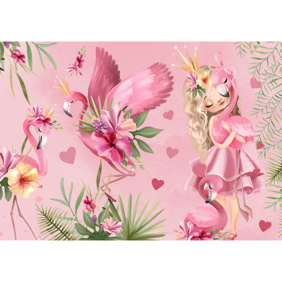 Panoramic Wallpaper - Kid Wall Mural - Princess Pink Flamingos