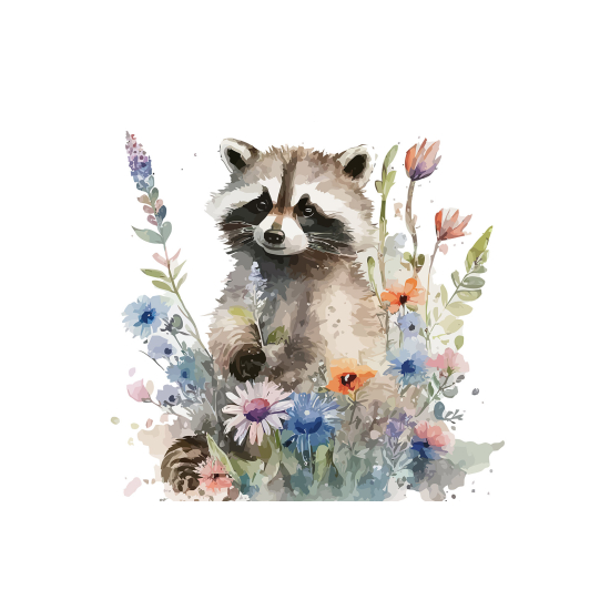 Panoramic Wallpaper - Kid Wall Mural - Raccoon flowers