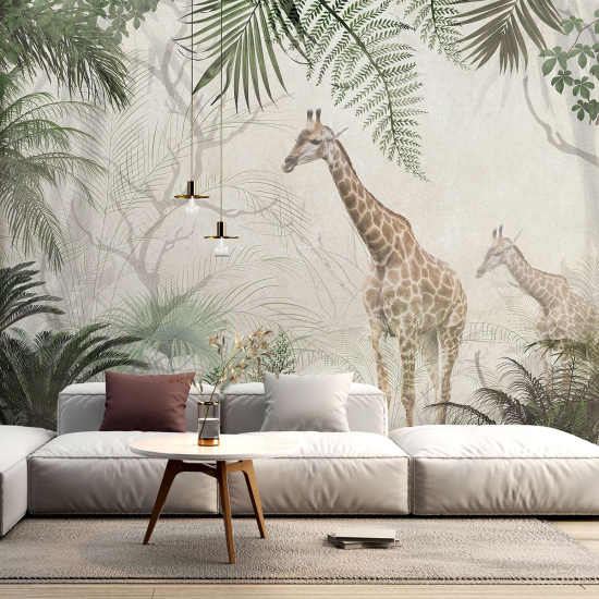 Panoramic Wallpaper - Kid Wall Mural - Tropical Forest Giraffes